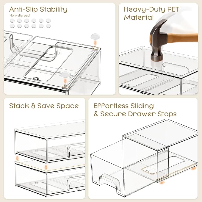 Stackable Storage Drawers, 4 Pack Clear Plastic Makeup & Bathroom Organizer, Versatile Storage Bins for Vanity, Under Sink, Kitchen Cabinets & Pantry - Image 5