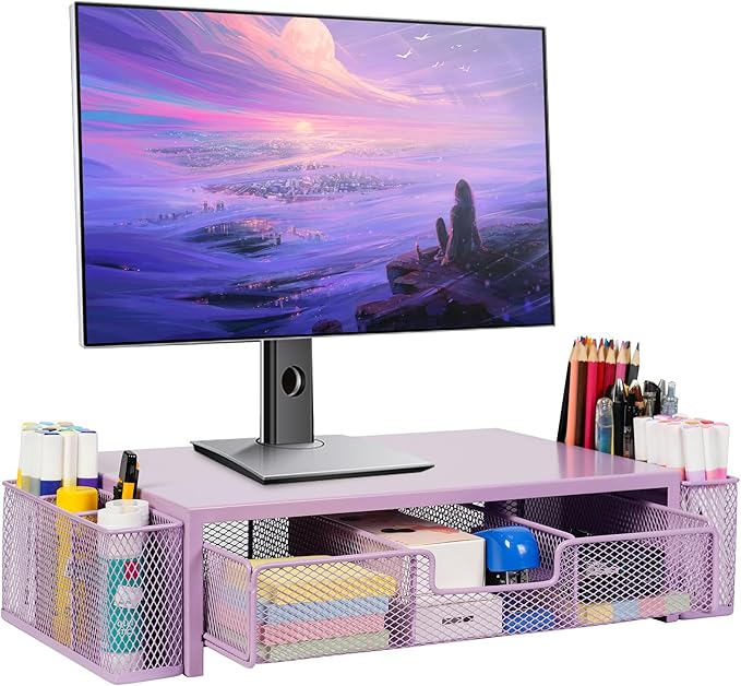 Qupui Computer Monitor Stand Riser with Drawer and Pen Holders, Desk Organizer Shelf and Accessories, Office Desk Accessories, Office Organization, Purple by Qupui