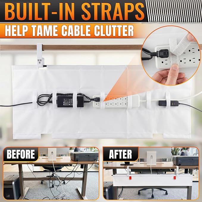 Under Desk Cable Management Tray 36" — No Drill Clamp-On Cord Organizer for Desk with Built-in Ties, Heavy Duty Metal Clamp, Foldable 600D Oxford Fabric for Home Office, WFH & Gaming PC Setup (White) - Image 8