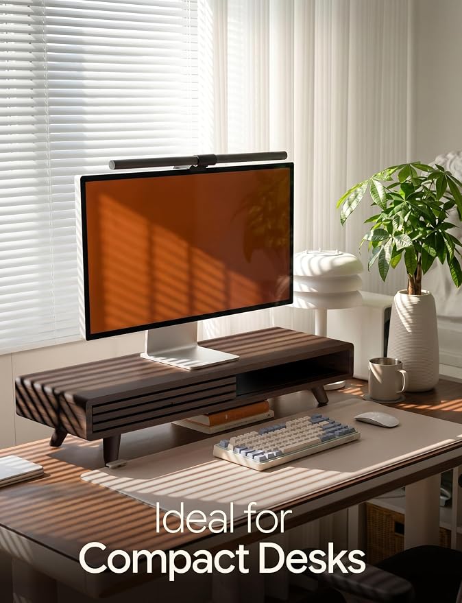 Tinamo 24" Wooden Monitor Stand Riser with Storage Organizer, Walnut Color | Acacia Wood, Sliding Door, Cable Management, Fits up to 32" Monitors, Multi-purpose Storage, Used for Computer, Laptop, TV - Image 4