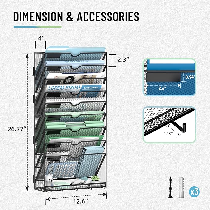 10-Tier Wall File Organizer with 5 Hooks, Wall Mounted Mail Organizer | File Holder Organizer, Metal Mesh Office Wall Organizer for Home, School & Classroom - Image 7