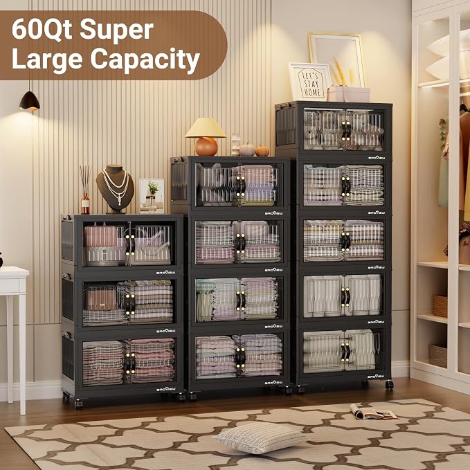 BROVIEW 240Qt Stackable Storage Bins with Lid, Extra Large Closet Organizer Collapsible Drawer Boxes with Wheels, Folding Plastic Cabinet Containers for Home Kitchen Room Organization, 4Pack Black - Image 5