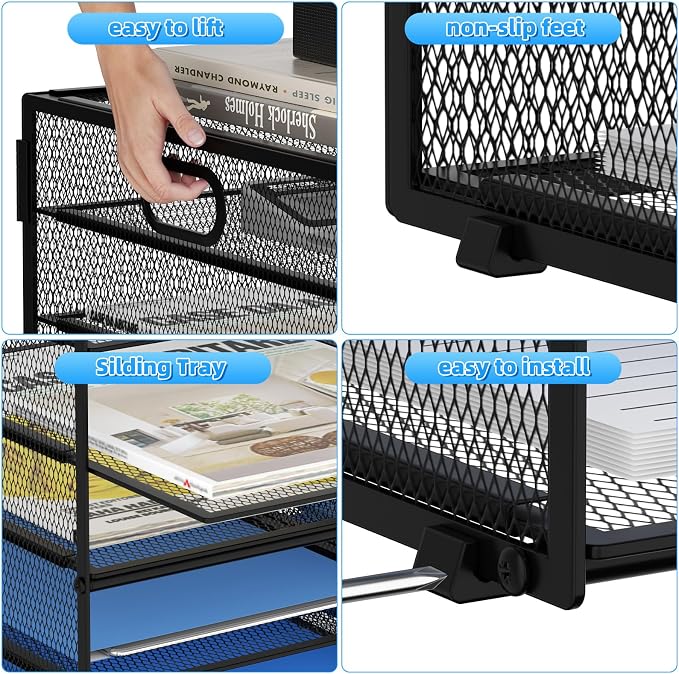 Lavatino 12 Compartments Paper Organizer for Desk, Mesh Literature Organizer, Mail File Sorter Tray with Handle, Desktop Mailbox for Office Classroom Home, Black - Image 3