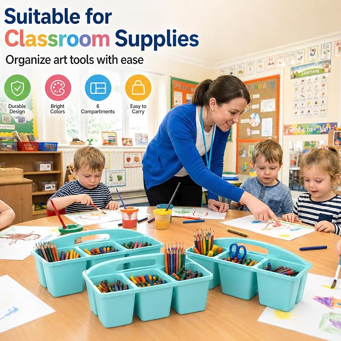 gisgfim 6 Pack Plastic Classroom Caddy with 6-Compartments Plastic Storage Caddies with Handle 6 Compartments Table Caddy Organizer Versatile Table Caddies for Classroom Office Storage, Lake Blue - Image 5