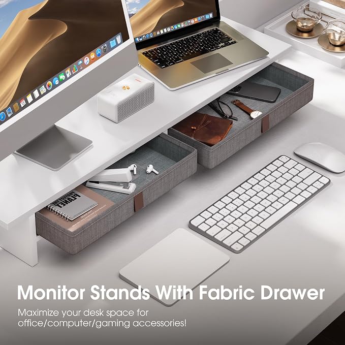 Fenge 35 Inch Monitor Stand with Drawer Storage, Computer Riser for Desk | Wooden Computer Shelf, 2 Tiers, for Dual Monitor/Laptop/PC/TV/Printer up to 55Lbs, Home Office Desk Organizer - Image 4