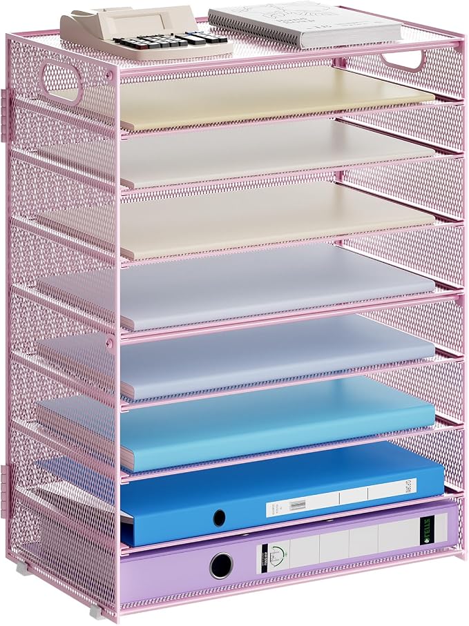 Marbrasse Paper Organizer Letter Tray, 9 Tier Mesh File Organizer with Handle, Paper Sorter Desk Organizer for Home Office Supplies - Pink by Marbrasse