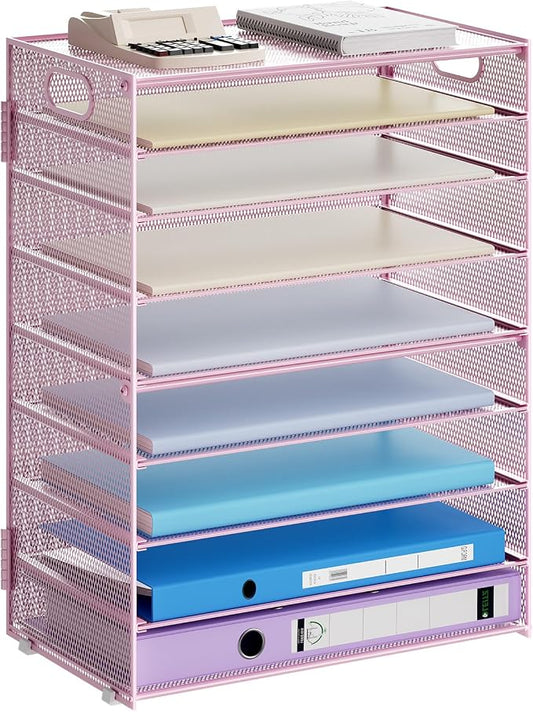 Marbrasse Paper Organizer Letter Tray, 9 Tier Mesh File Organizer with Handle, Paper Sorter Desk Organizer for Home Office Supplies - Pink by Marbrasse