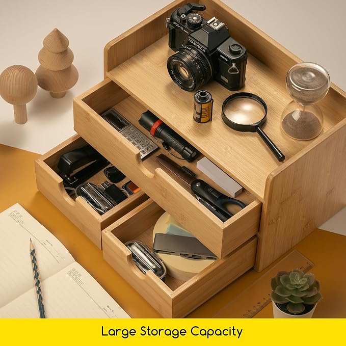 MEEDEN Bamboo Desk Organizer with Drawers: Desktop Storage Container with Shelf - Tabletop Storage Organization Box for Office Home Toiletries Supplies - Image 6