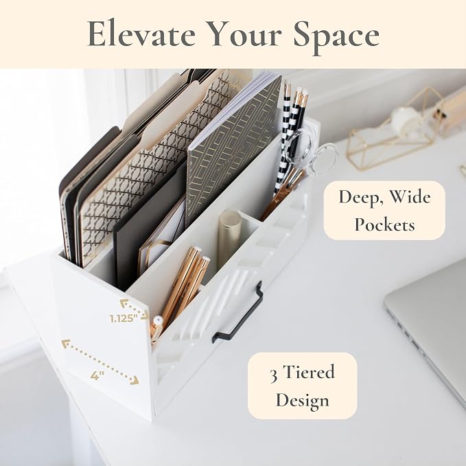 BLU MONACO | Wooden Mail Organizer with Drawer | Mail Organizer Countertop with 6 Compartments | Bill Holder for Desk | White Desktop Mail Sorter - Image 5