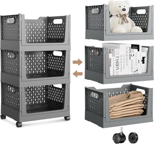 Stackable Storage Bins, Foldable Closet Organizers and Storage Bins Box, Plastic Shelves Drawer Organizer Container for Closet Office Bedroom Kitchen Bathroom with Wheels, Grey, 3 Pack by TRIOSEA