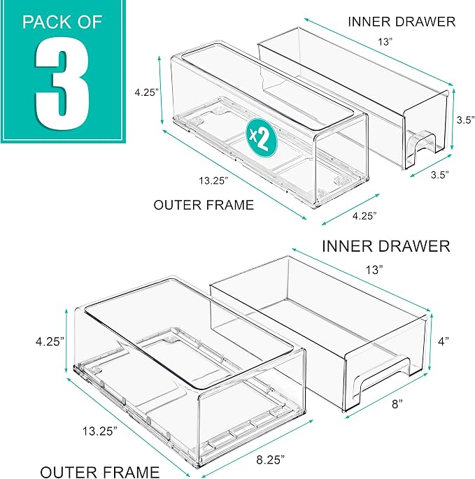 Sorbus 1 Medium and 2 Small Clear Stackable Storage Drawers, Plastic Storage Drawers with Handles, Craft, Clothes, Medicine, Makeup, Closet, Art Supply, Bathroom, Shoe, Toy Storage Organizer (3 Pack) - Image 2
