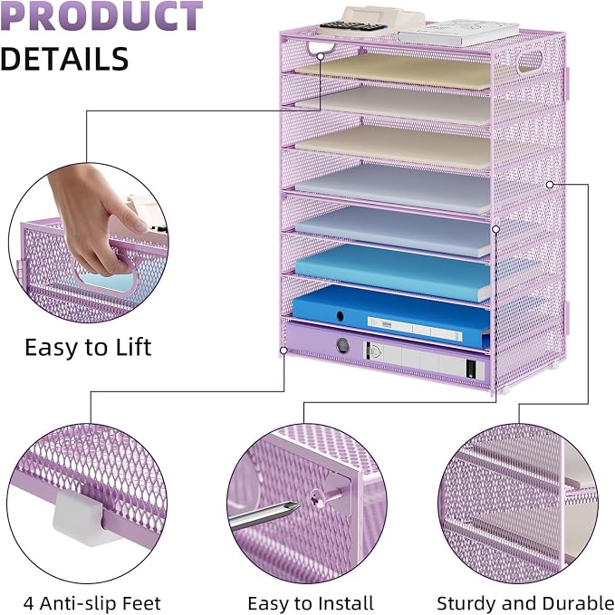 Marbrasse Paper Organizer Letter Tray, 9 Tier Mesh File Organizer with Handle, Paper Sorter Desk Organizer for Home Office Supplies - Purple - Image 3