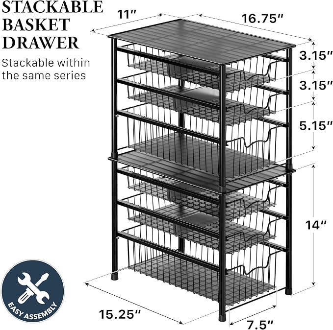 Simple Houseware Stackable 3 Tier Sliding Basket Organizer Drawer, Black - Image 2