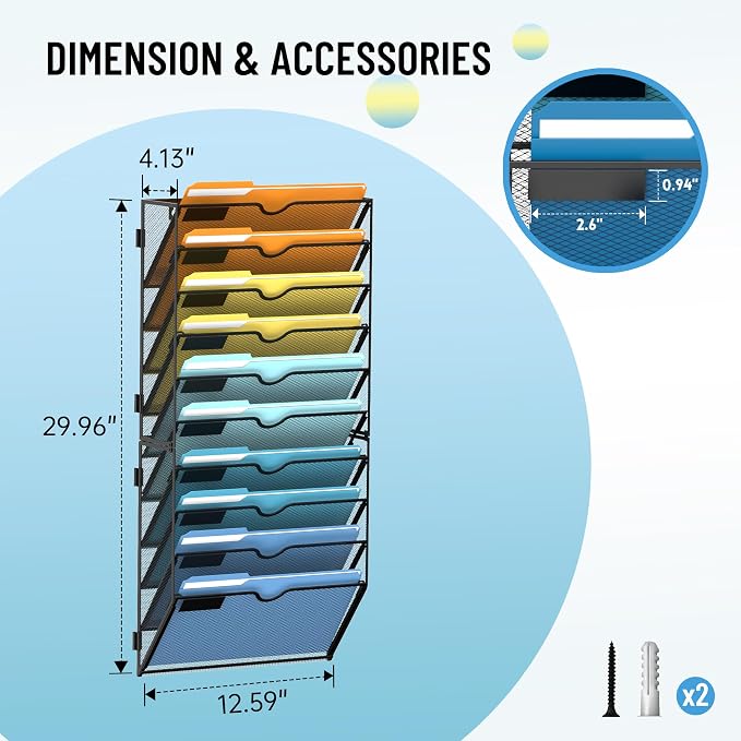 10-Tier Hanging Wall File Organizer with Hooks for Office Organization | Mesh Wall File Holder, Mail Organizer Wall Mounted for Papers, Documents, Folders and Magazines in Home Office, Classroom - Image 3