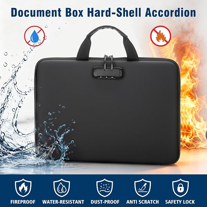 Fireproof Document Box with Lock, Hard-Shell Case Fireproof File Organizer with 13 Pocket Accordion File Folder, Portable Home Office Travel Safe Storage for Important Documents Laptop - Image 2
