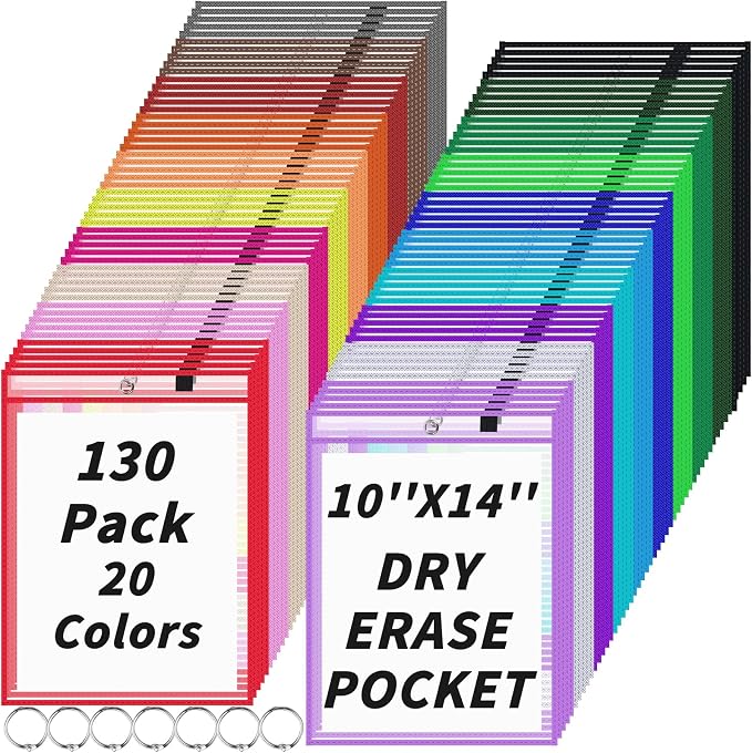 130 Packs Dry-Erase Pockets Bulk Oversized Reusable Dry Erase Pocket Sleeves with 7 Rings, 20 Assorted Colors 10x14 Ticket Holders, Clear Plastic Sheet Protectors, Teacher School Classroom Supplies - Image 8