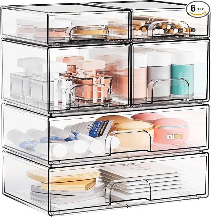 Clear Stackable Storage Drawers - Set of 6 - Acrylic Drawers,Bathroom Organizer Bin and Plastic Makeup Organizer,Clear Stacking Brightroom Storage Boxes for Vanity,Cabinet,Pantry Organization by Yieach