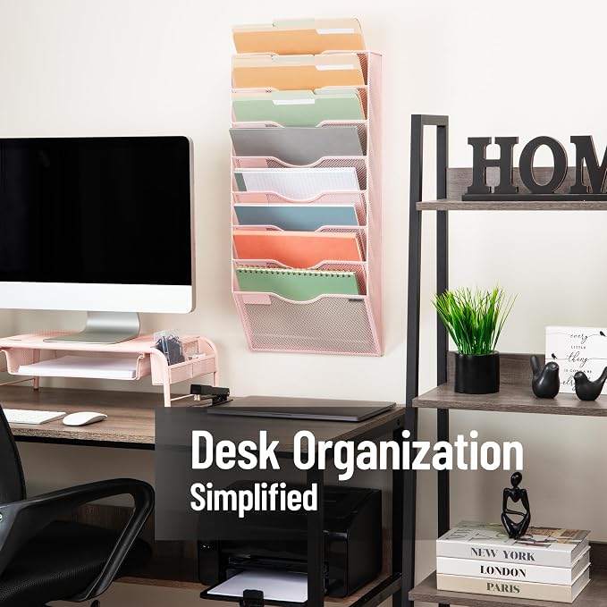 Mind Reader Wall File Organizer, 8 Pocket Hanging Document Rack, Office Wall Mount, Metal Mesh, Pink - Image 2