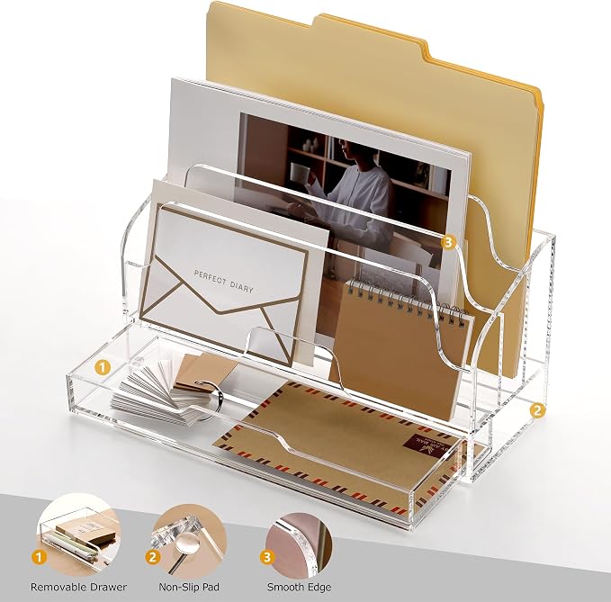 SANRUI Clear Desk Organizer Holder with Drawers, Acrylic File Mail Sorter | 3 Compartments, Desktop Manila Folders Box, Office Desk Accessories & Workspace Envelope Bill Letter Organization Racks - Image 9