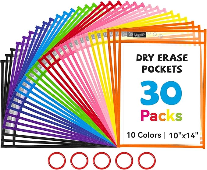 GAMENOTE 30 Pack Dry Erase Pockets, 10x14 Reusable Sleeves, 10 Colors | 30 reusable PVC pockets hold 8.5 x 11 and 9 x 12 sheets; double sided wipe clean surfaces, pen loops, eyelets, and 5 rings by Gamenote