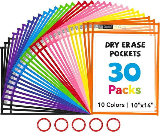 GAMENOTE 30 Pack Dry Erase Pockets, 10x14 Reusable Sleeves, 10 Colors | 30 reusable PVC pockets hold 8.5 x 11 and 9 x 12 sheets; double sided wipe clean surfaces, pen loops, eyelets, and 5 rings by Gamenote