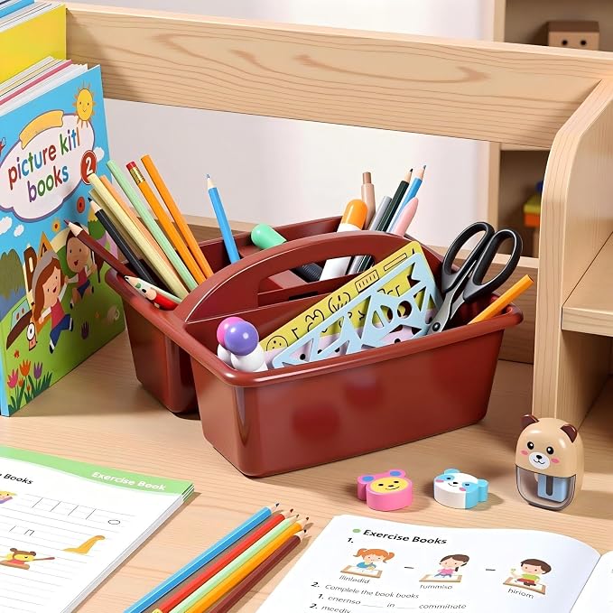 Kathfly 12 Pack Classroom Caddy Organizer with Handle, Plastic Art Craft Cleaning Caddy Bulk, Small Multipurpose Supply Organization Storage Basket for Table Desk Office Pencil Teacher (Deep Color) - Image 6