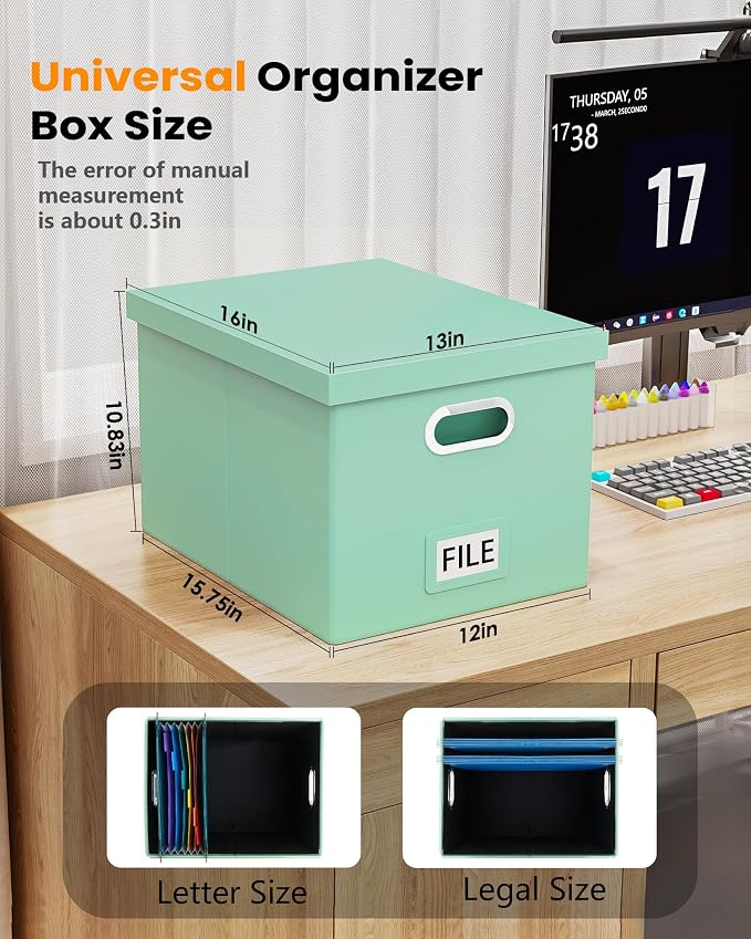 2 Pack File Storage Organizer Box,Portable File Box with Lid,Fit for Letter/Legal File Folder Storage, Mint-green(Leather) - Image 2