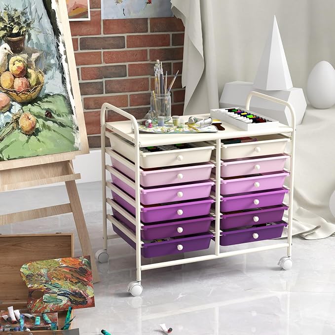GOFLAME 12-Drawer Rolling Storage Cart, Multifunctional Art Craft Organizer Cart, Mobile Utility Storage Cart with Removable Drawers & Lockable Wheels, Craft Cart for Home Office, Purple Gradient - Image 8