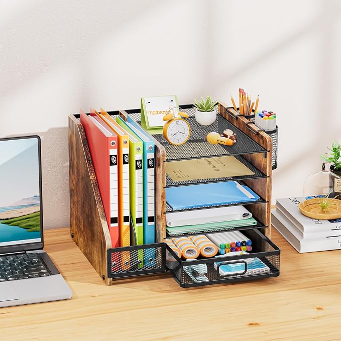 Marbrasse Desk Organizer with File Holder, 5-Tier Paper Letter Tray Organizer with Drawer and 2 Pen Holder, Mesh Desktop Organizer and Storage with Magazine Holder for Office Supplies (Wood-Brown) - Image 3