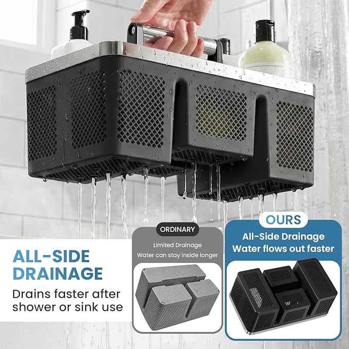 BYUNER 2Pack Plastic Shower Caddy: Portable Hard Bathroom Basket Tote with Handle, 4 Divided Compartments, All-Side Drainage, Non-Mesh Shower & Cleaning Caddy Organizer for College Dorm, Black/Silver - Image 3