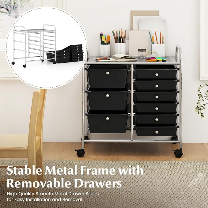 COSTWAY Rolling Storage Cart with 9 Drawer, Utility Cart with Metal Frame | Mobile Art Supply Craft Organizer, Multipurpose Storage Organizer for Paper, Office, School Teacher, Classroom, Black - Image 6