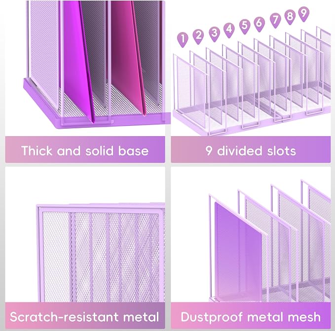 9-Section Desk File Organizer, Vertical File Holder, Mesh Desktop File Folder Metal File Organizer Stand for Office Home Classroom, Purple - Image 5