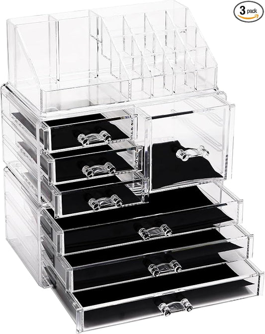 Sea Team 3-Tier Stackable Clear Acrylic Makeup Organizer with Drawers | Cosmetic Display Case, Jewelry Storage Box, 7 Drawers and 1 Lipstick Holder, Ideal for Vanity, Dresser, Bathroom, Countertop by SeaTeam