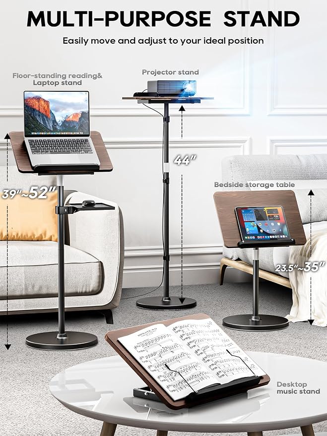 2 in 1 Adjustable Book Stand - Dual-Use Floor and Desktop Book Holder Stand, Height Adjustable 23.5-52 in, Elastic Page Clips for Music Sheet, Recipe, Tablet, Laptop-Black - Image 2