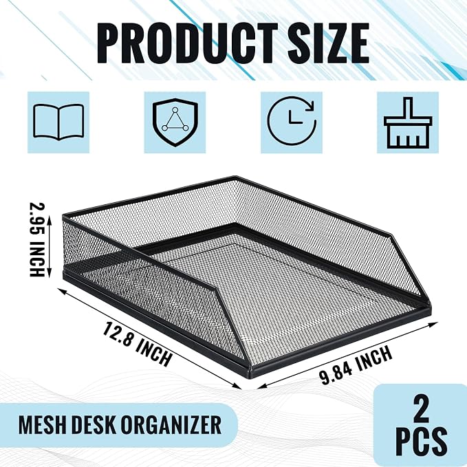 Hicarer 2 Pcs Black Metal Letter Tray Stackable Desk Tray Single Wire Mesh Organizer Front Load File Paper Holder for Desktop Office Home School Classroom (12.8 x 9.84 Inch) - Image 3