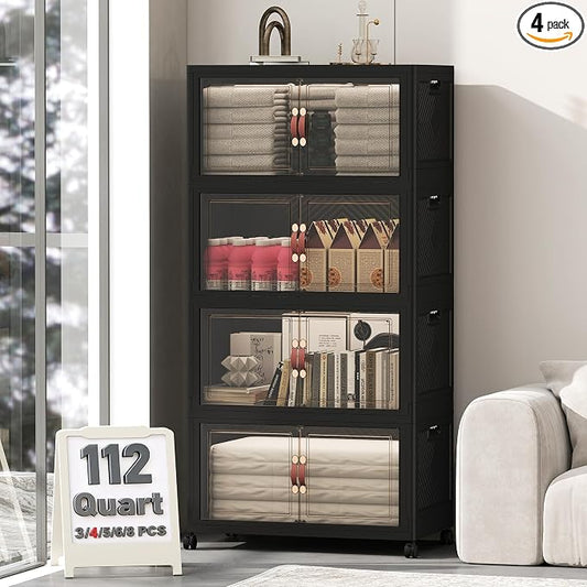 448QT Lockable Storage Bins with Lids - Stackable Storage Cabinet with Doors and Wheels, Collapsible Plastic Organizer and Containers for Bedroom Dorm Office Garage, 4 Pack Cubes | Stackable Organizer with Doors & Wheels, Foldable Containers for Bedroo... by UAMFURIDirect