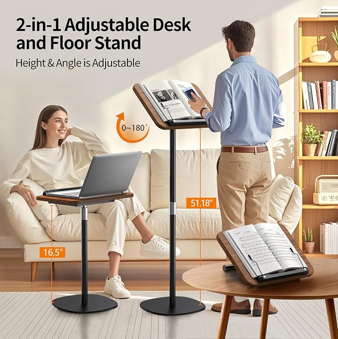 2-in-1 Floor Music Stand & Desktop Book Stand, 16.5"–51" Height Adjustable | Premium Wood Panel, Floor Reading Stand with Page Clip for Sheet Music, Cookbooks (Walnut Finish, 11.8" x 16.5" Panel) - Image 3
