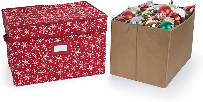 Covermates Keepsakes Adjustable Ornament Storage Box – Heavy-Duty Polyester, Padded Dividers & FlexGrid Trays – Protective Holiday Organizer with Stackable Walls & Label Window, Red Snowflake by Covermates