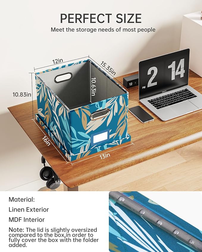 2 Pack File Storage Organizer, Document Organizer, Portable File Box with Lid, Fit for Letter/Legal File Folder Storage,Leaf Blue-Box only - Image 2