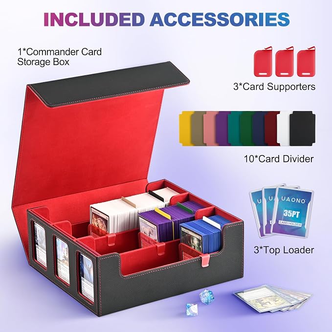 UAONO 3-Row Trading Card Storage Box with Commander Display, Black Red | 1800+ Commander Deck Box for MTG, Bulk Card Case Fits Magic TCG PTCG Sports Cards, 10 Dividers & 3 Stoppers - Image 3