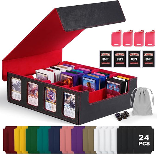Kabinka Trading Card Storage Box with Commander Display, 4-Row Deck Case with Removable Lid; 2400+ Card Deck Box for MTG TCG Sports Card, 4 Top Loaders, 4 Stoppers, 24 Dividers,1 Dice Bag (Black Red) by Kabinka
