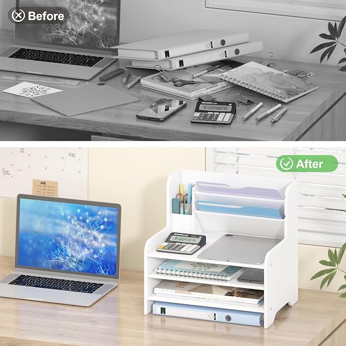 Bamboo File Organizer for Desk, Paper Tray with Pen Holder-White | Open tiers and a pen holder sort Letter/A4 paper, folders and office supplies while keeping your workspace clutter-free - Image 6