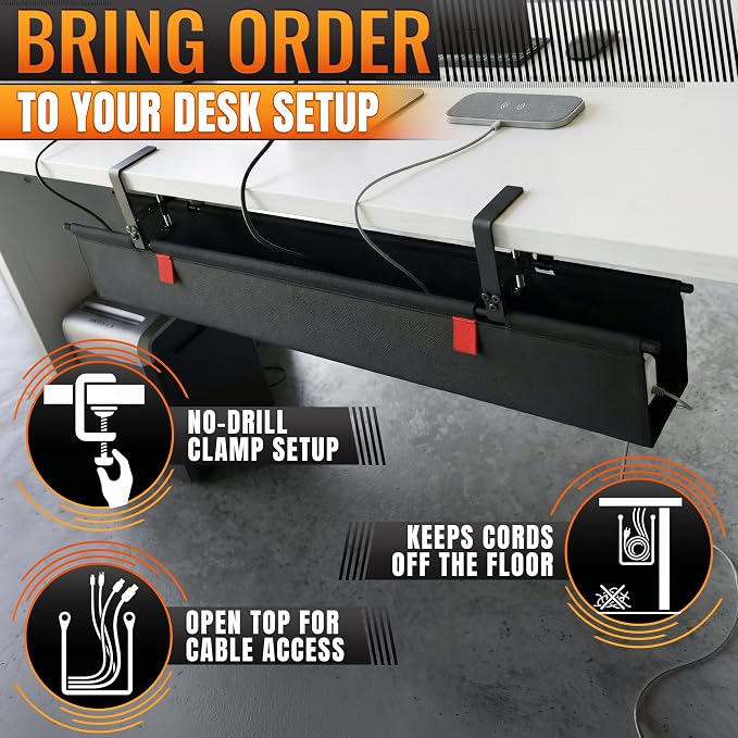 Under Desk Cable Management Tray 36" — No Drill Clamp-On Cord Organizer for Desk with Built-in Ties, Heavy Duty Metal Clamp, Foldable 600D Oxford Fabric for Home Office, WFH & Gaming PC Setup (Black) - Image 8