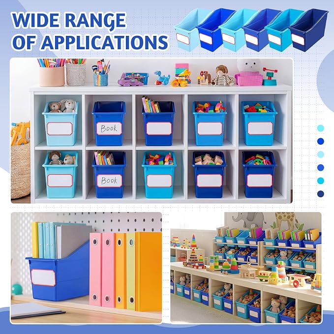 Teling 12 Pcs Book Bins Bulk for Classroom Storage Plastic Magazine Holder with Label Interlocking File Folder Organizer Binder Container Box for School Office Desktop Bookshelf Home (Ocean Blue) - Image 6