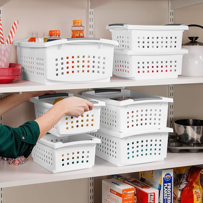 Sterilite 4 Pack Small Stacking Basket, Open Top Storage Bin with Handles, White - Ideal for Home Closets, Kitchens, or Office Organization - Image 6