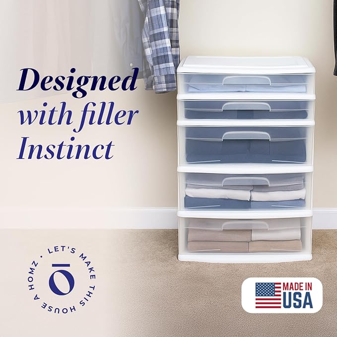 HOMZ Drawer Tower, 5-Tier Storage Cart with Removable Wheels, White Frame | Extra-Wide Plastic Organizer with Clear Bin Drawers for Bedroom, Bathroom, Home Office, and Dorm Rooms - Image 4