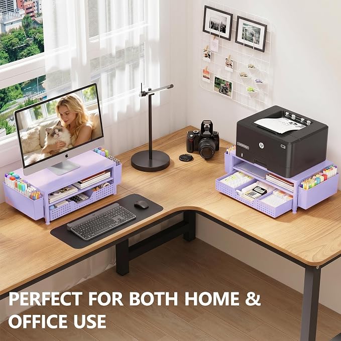 Desk Organizers and Accessories, Computer Monitor Stand Riser with Drawer and 2 Pen Holders, Printer & Laptop Stand, Office Desk Accessories & Workspace Organizers for Home Office Supplies, Purple - Image 3