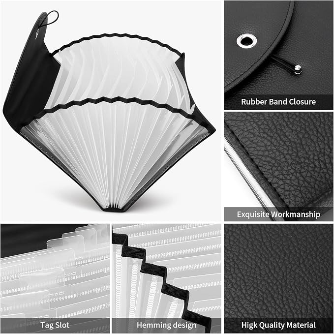 Oak-Pine Expandable Portable Accordion File Folder Document Wallet Briefcase PU Leather Business File Organizer Bag A4 and Letter Size 13 Pockets (Black) - Image 3