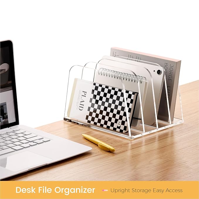 HeZone Desk File Organizer,4-Section Vertical Clear File Organizer File Holder Folder Holder Mail Sorter Acrylic Stand Rack,Office Organization for Home, Office & Classroom(1 Pack) - Image 2