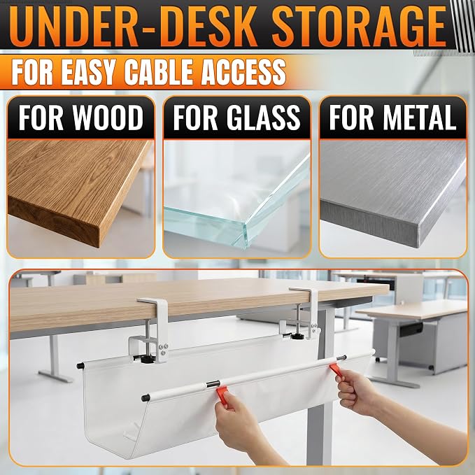 Under Desk Cable Management Tray 28" — No Drill Clamp-On Cord Organizer for Desk with Built-in Ties, Heavy Duty Metal Clamp, Foldable 600D Oxford Fabric for Home Office, WFH & Gaming PC Setup (White) - Image 7